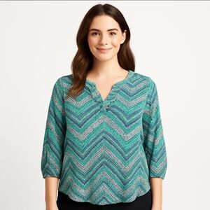 Cato's Green Chevron Geometric Roll Tab Sleeve Blouse Sz Med